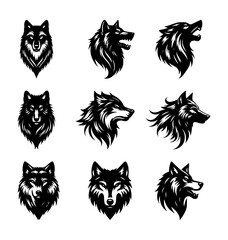 set of wolf head silhouettes on isolated background