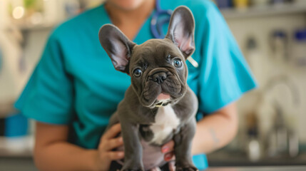 Veterinarian doctor and a French bulldog puppy.