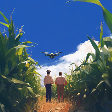 Nouvelles technologies en agriculture. 2 agriculteurs utilisant un drone pour survoler leur culture de ma&iuml;s et optimiser les r&eacute;coltes. 