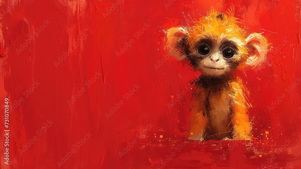 Poster a painting of a small monkey sitting on a red surface with a red wall behind it and a red wall behind it.