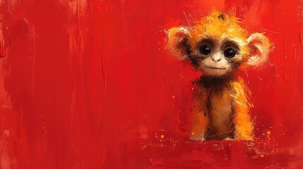 a painting of a small monkey sitting on a red surface with a red wall behind it and a red wall behind it.