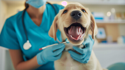 Veterinarian brushing teeth of Labrador puppy.