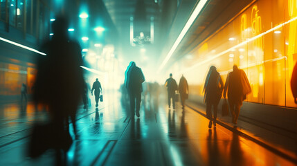 a typical cityscape, blurred, haste and haste, everyday life in the big city, people in a hurry, time pressure and deadlines, modern life in a negative, dark cityscape - obrazy, fototapety, plakaty