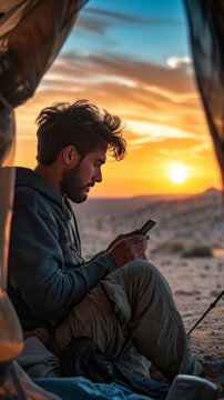 In a medium shot, a man gazes at his smartphone while at a desert camp during sunset, blending modern technology with the timeless beauty of the desert landscape.