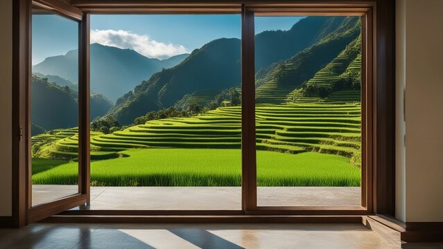 view from the window in the mountains   A landscape nature view background with a window frame. The window is open and lets in fresh air  