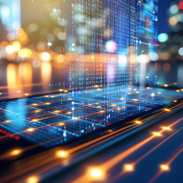 Futuristic of Super computer or Super smartphone screen displaying table with numbers, text, and binary code