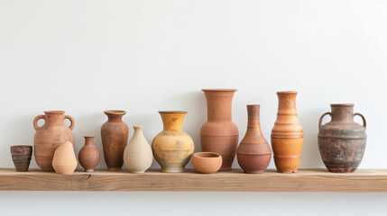 Fototapeta na wymiar Various clay vases placed on shelf against white.