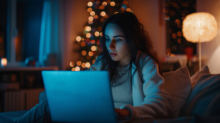 A young adult caucasian woman sitting on the sofa at home, late in the evening on Christmas, doing online shopping or working in the home office