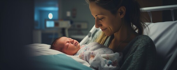 In the hospital bed, a mother tenderly cradles her newborn baby, both resting after a memorable and eventful night of childbirth.