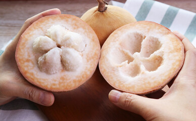 Hands Opening a Delectable Fresh Ripe Santol Fruit or Wild Mangosteen