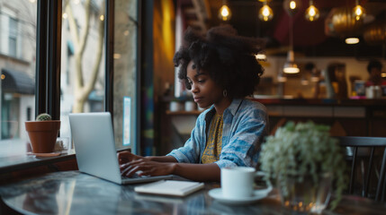 Young african american female student working remotely on her laptop in a cafe. AI generated - obrazy, fototapety, plakaty