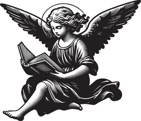 A beautiful biblical angel sits and reads a book. Bible. Vintage engraving illustration in Renaissance style. Isolated object. Black and white. Outline vector illustration