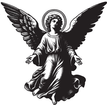 A beautiful biblical angel flies in the sky. Vintage engraving illustration in Renaissance style. Isolated object. Black and white. Outline vector illustration