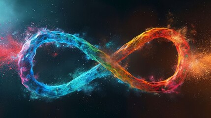 A digitally generated image depicts a multicolored infinity sign, symbolizing concepts like cloud technology, IT, big data, or artificial intelligence. - obrazy, fototapety, plakaty