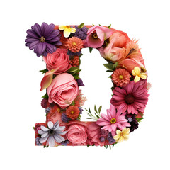 Letter D with flower elements flower made of flower 3D isolated on transparent background