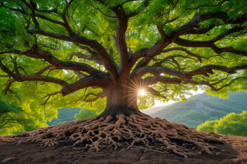 Tree with strong roots and vibrant leaves, representing inner strength and resilience. - 731073402