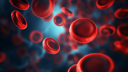 Red blood cells on blurred background with copy space - obrazy, fototapety, plakaty