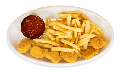 chicken nuggets with Fries and ketchup isolated on white, top view