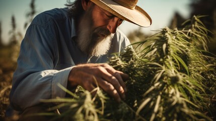 A farmer carefully inspects the freshly harvested hemp field, focusing on agricultural duties in a medical marijuana plantation.