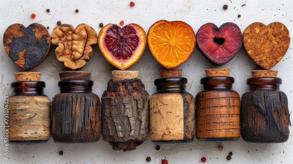 Poster a group of bottles filled with different types of fruits and nuts on top of a white surface next to 