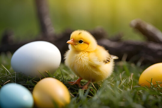 Cute little chick with eggs on grass, generative AI