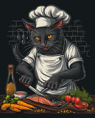 The cat is a chef, preparing fish for dinner. children's illustration for stickers, prints for clothes.