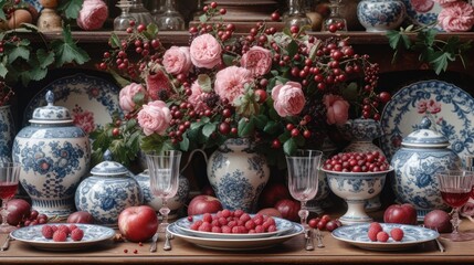 a table topped with blue and white plates and vases filled with red berries and a vase filled with pink roses.