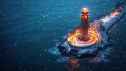 an aerial view of a light house on a small island in the middle of a body of water at night.