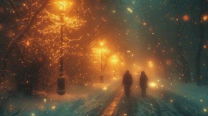 a couple of people walking down a snow covered road next to a forest filled with lots of trees and lights.