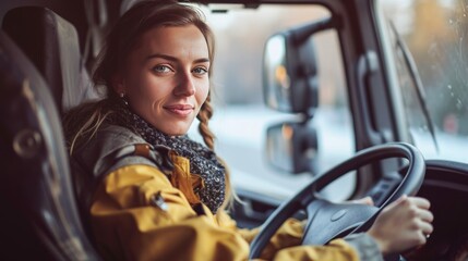 Portrait of a female truck driver operating a heavy goods vehicle (HGV).
