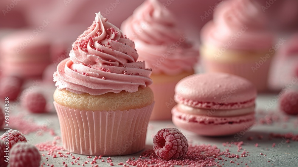 Poster a close up of a cupcake with pink frosting and raspberry sprinkles around it.
