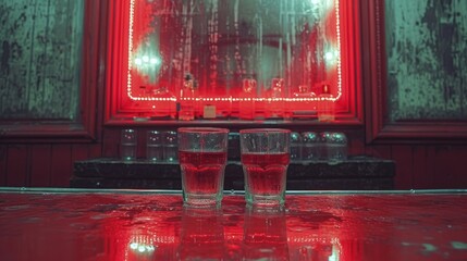 two glasses of water sit on a table in front of a red light in a room with a mirror on the wall.