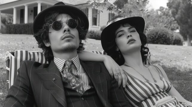 A Black And White Photo Of A Man And A Woman Sitting On A Lawn Chair In Front Of A House.