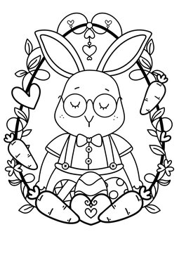 Hand drawn, Happy Easter Eggs with carrot and a rabbit boy, Coloring book page for kids, easter bunny, easter eggs, baby chick, Cute holiday egg hunt coloring 