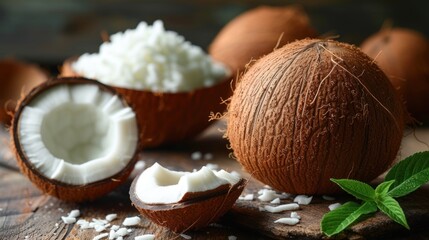 a close up of coconuts on a table with coconut oil and coconuts on the side of the table. - obrazy, fototapety, plakaty