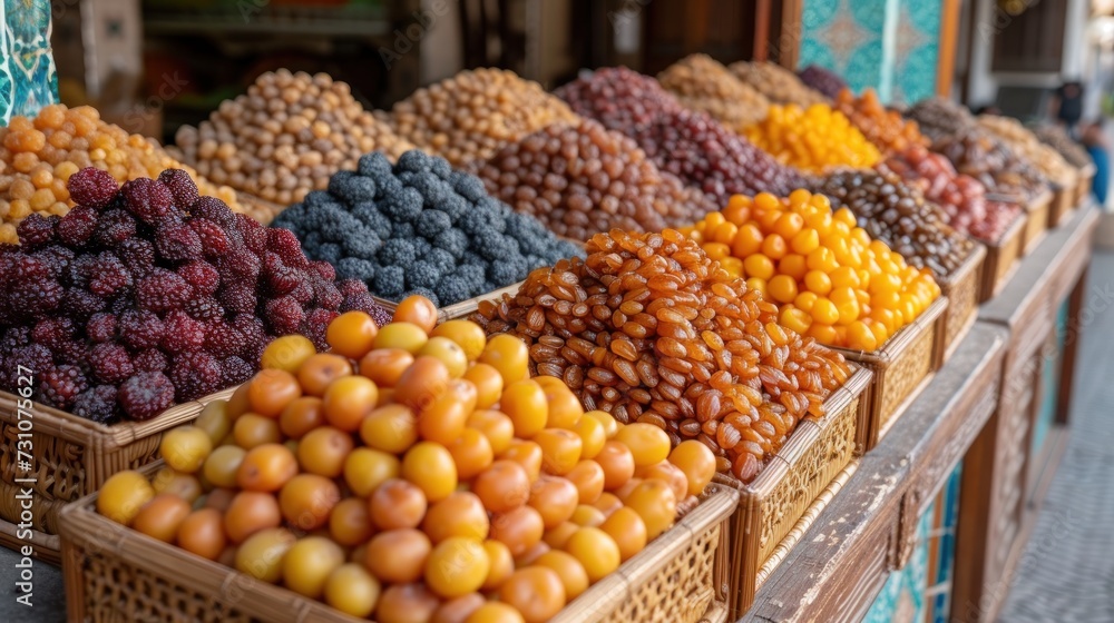 Aufkleber a variety of fruits are on display in baskets on a table in front of a store with a blue wall in the