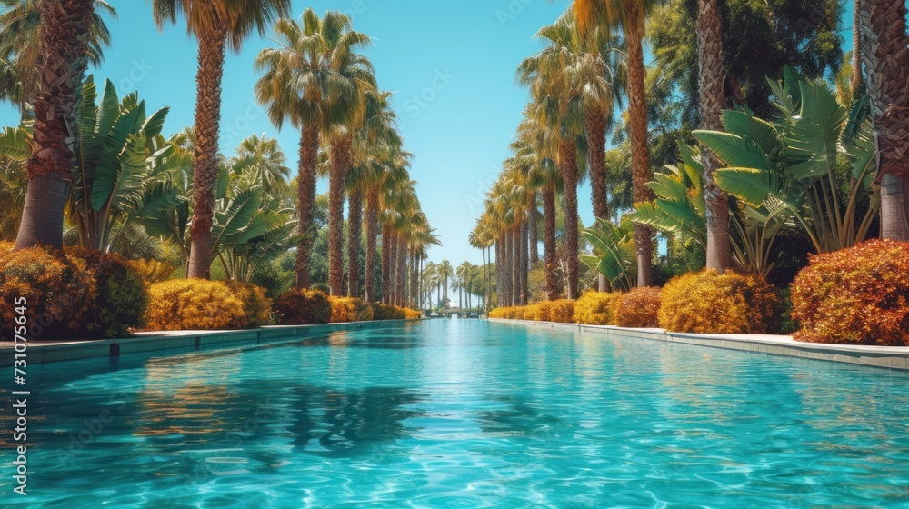 Aufkleber a pool surrounded by palm trees next to a sidewalk with a bench on the side of the pool and a row of