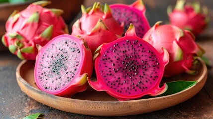a wooden bowl filled with dragon fruit on top of a wooden table next to another bowl filled with dragon fruit on top of a wooden table.
