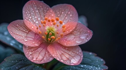 a close up of a pink flower with drops of water on it and a green leafy plant in the background.