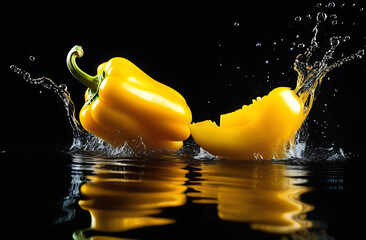 Sweet ripe yellow pepper falls into the water, water splashes. - Powered by Adobe
