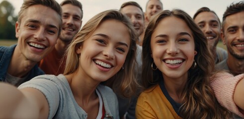 Selfie in a group of friends enjoy together in an urban environment, sharing laughter and good times. Their expressions and postures reflect joy and unity - obrazy, fototapety, plakaty