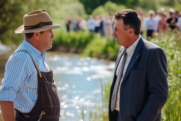 photo of two men standing near a river and angry at each other, farmers' strike against the use of the river for construction,standing crowds of people are blurred from behind, division of a reservoir