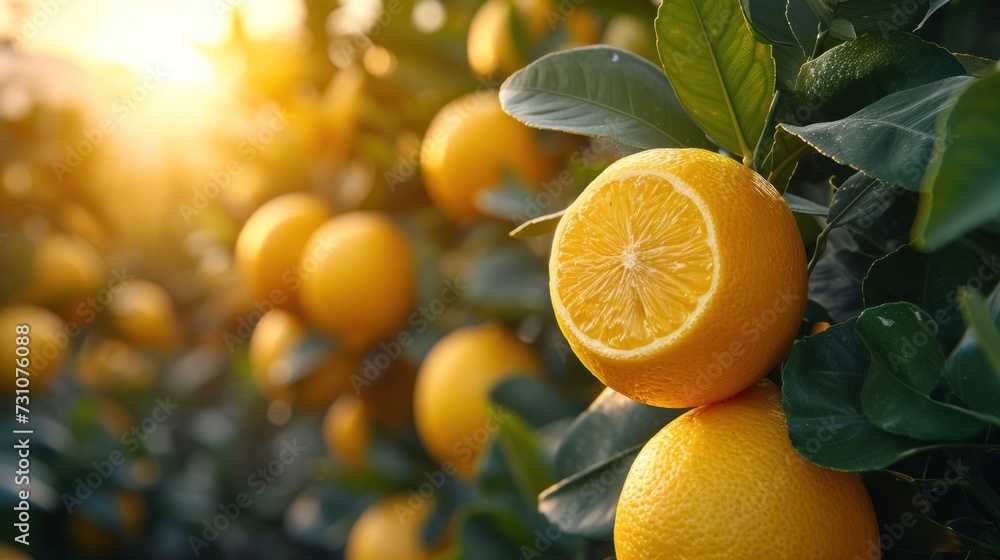 Poster a close up of a bunch of oranges on a tree with the sun shining through the leaves and the oranges s