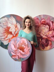 Woman Standing in Front of Flower Wall Art round canvas painting, artist at her studio