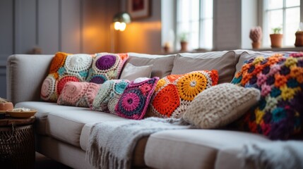 A photo showcasing a collection of crocheted pillows on a comfy couch, adding a touch of handmade charm to the living space.
