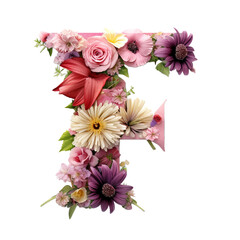 Letter F with flower elements flower made of flower 3D isolated on transparent background