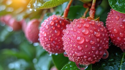 a close up of a bunch of ripe strawberries on a tree with drops of water on the ripe fruit.