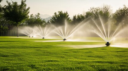 Automatic garden sprinkler system watering lush green lawn in a beautiful garden landscape