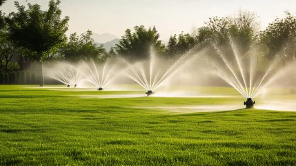 Fototapeten Automatic garden sprinkler system watering lush green lawn in a beautiful garden landscape © Ilja
