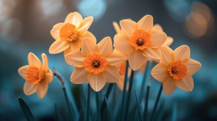 a group of yellow daffodils in a vase on a blue tablecloth with a blurry background.